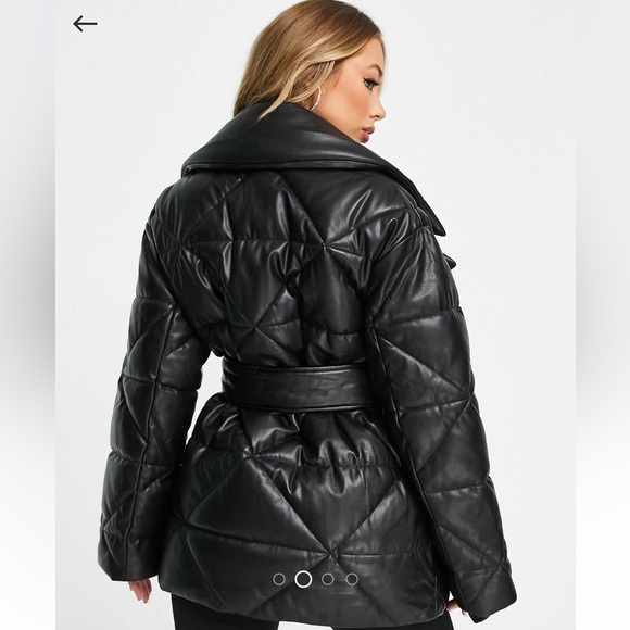 ASOS DESIGN collared puffer faux leather jacket in black - Picture 4 of 4